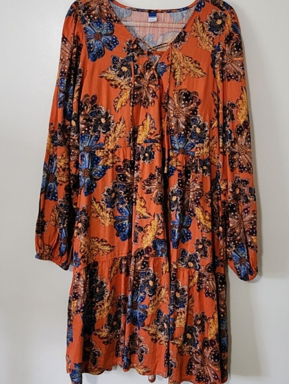 Tiered Floral Swing Dress Rich Jewel Tones Earthy Autumnal 70s Retro Boho Large - Picture 2 of 10